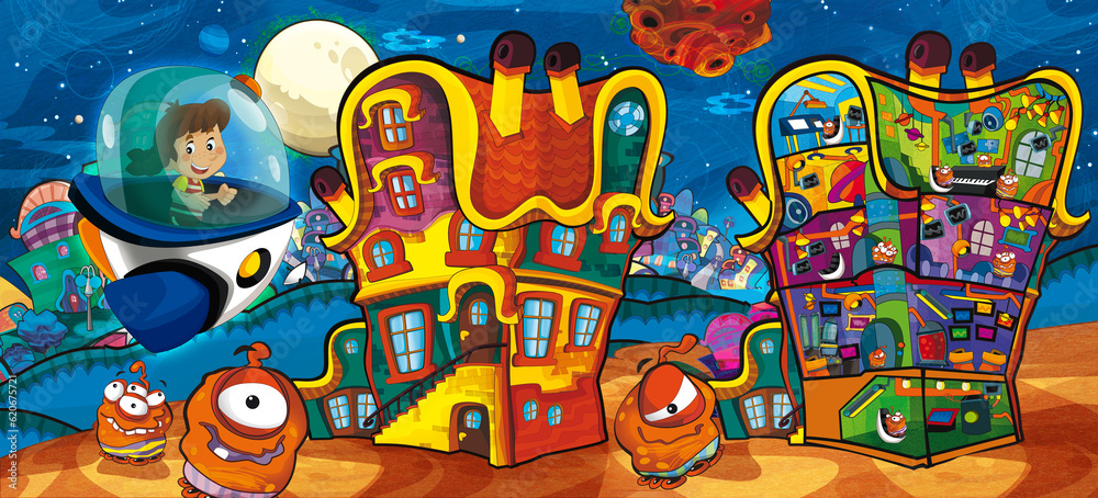 Obraz premium Cartoon funny colorful scene of cosmos galactic alien ufo isolated illustration for children