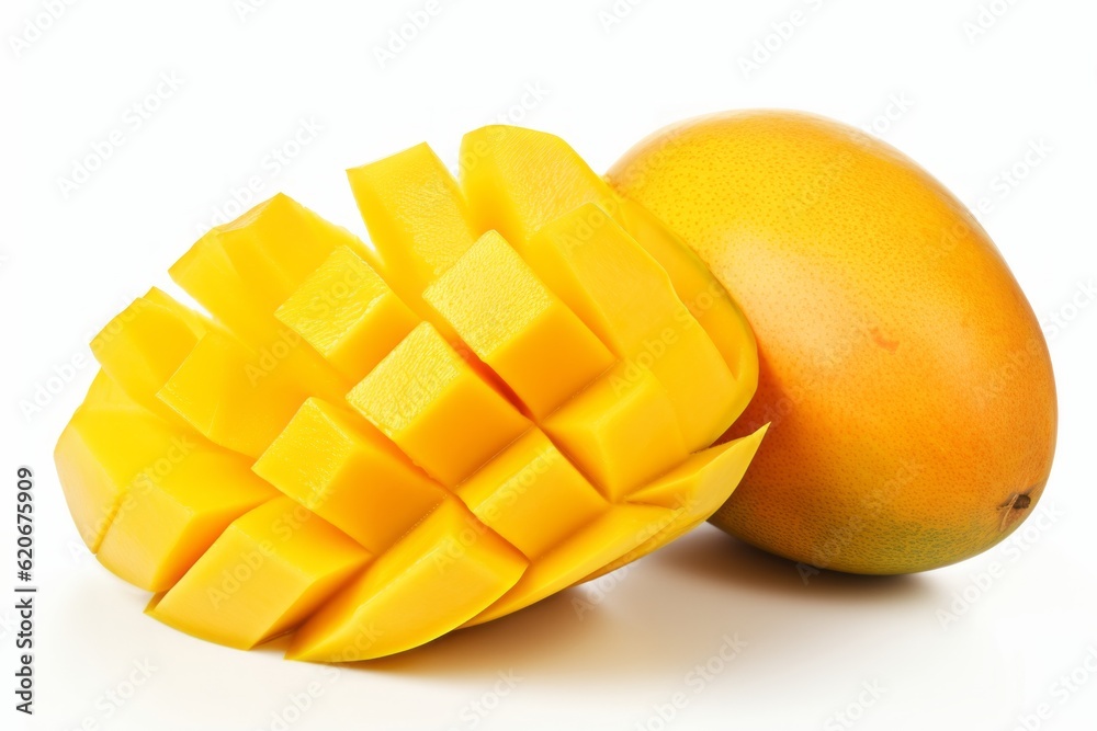 Ripe sliced mango isolated on white background. Generative ai. Ripe sliced mango isolated on white background. Generative ai.