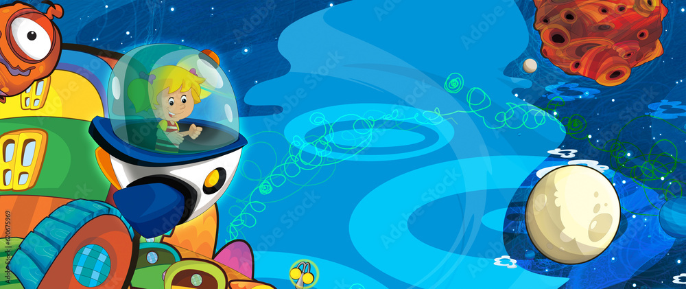 Naklejka premium Cartoon funny colorful scene of cosmos galactic alien ufo isolated illustration for children