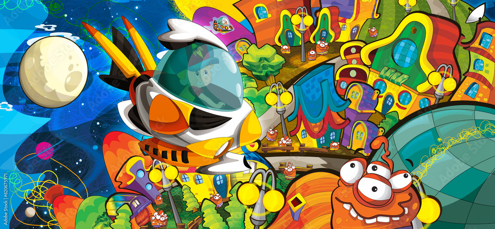 Obraz premium Cartoon funny colorful scene of cosmos galactic alien ufo isolated illustration for children