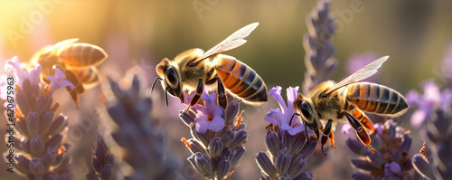 The bee (Apis mellifera) collects nectar from lavender. Banner photo. generative ai