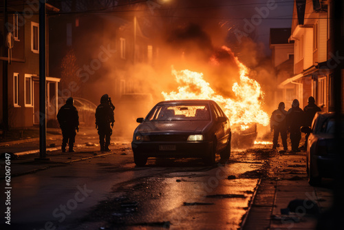 Obraz na plátně Riot protest in a ghetto suburb such as Paris or Stockholm -  burning car in fir