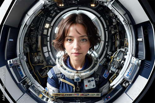 Mujer astronauta joven madura latina en nave espacial tecnologia, fuera de este mundo, IA generativa photo