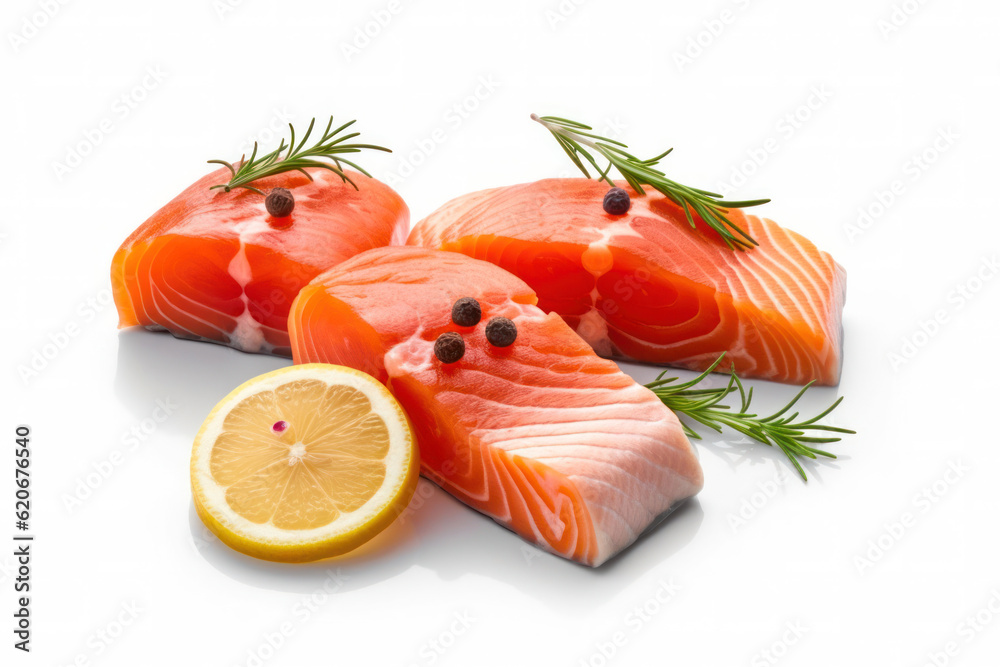 three slices Fillet of raw red fish with lemon and rosemary on a white plate. Generative AI three slices Fillet of raw red fish with lemon and rosemary on a white plate. Generative AI