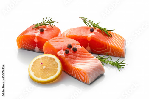 three slices Fillet of raw red fish with lemon and rosemary on a white plate. Generative AI