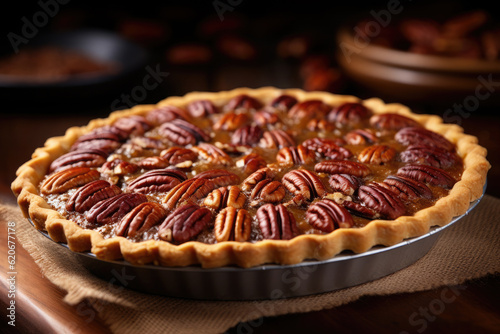 Traditional pecan pie for thanksgiving day on rustic wooden table photo