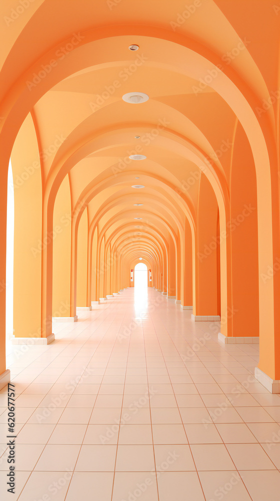 Orange Corridor with Arches, Abstract, shadows, conceptual, modern