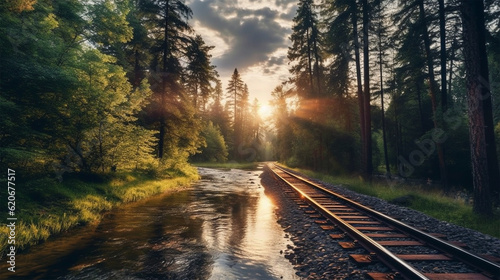 Forest trees along a railroad on an summer. Train tracks travel concept landscape background. Generative Ai.