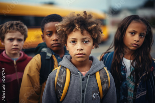 Multiracial friends standing near yellow school bus. Classmates ready to study. Back to school. Created with Generative AI