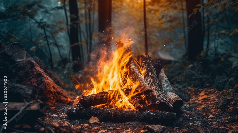 Closeup bonfire in the forest and smoke. Generative Ai. Closeup bonfire in the forest and smoke. Generative Ai.
