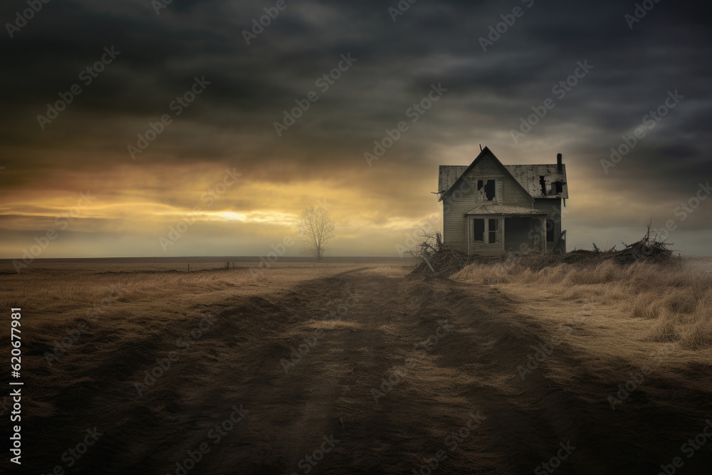 Abandoned house in field at twilight. Creepy old house. Uninhabitable mansion. Created with Generative AI Abandoned house in field at twilight. Creepy old house. Uninhabitable mansion. Created with Generative AI