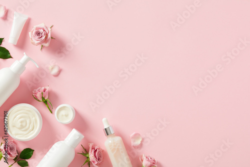 Skin care natural cosmetics set with roses on pink background. Flat lay, top view.