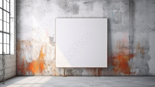 Empty blank poster banner glue in brick white wall background, 3d render illustration. Generative Ai.