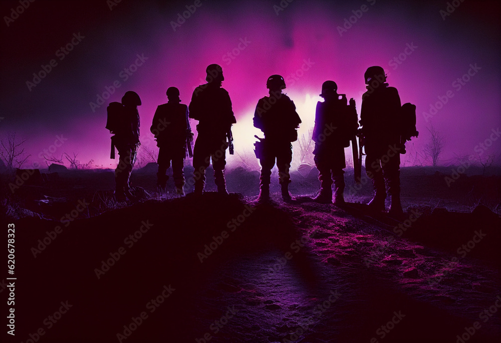 A small team of armed men in military uniform go on reconnaissance at night, seeing only silhouettes in purple light. AI Generated