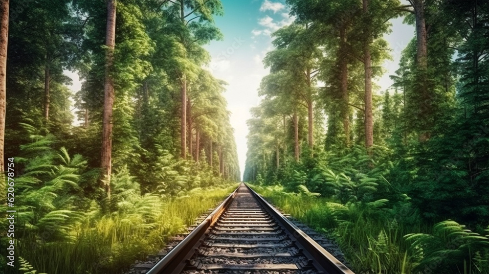 Forest trees along a railroad on an summer. Train tracks travel concept landscape background. Generative Ai. Forest trees along a railroad on an summer. Train tracks travel concept landscape background. Generative Ai.