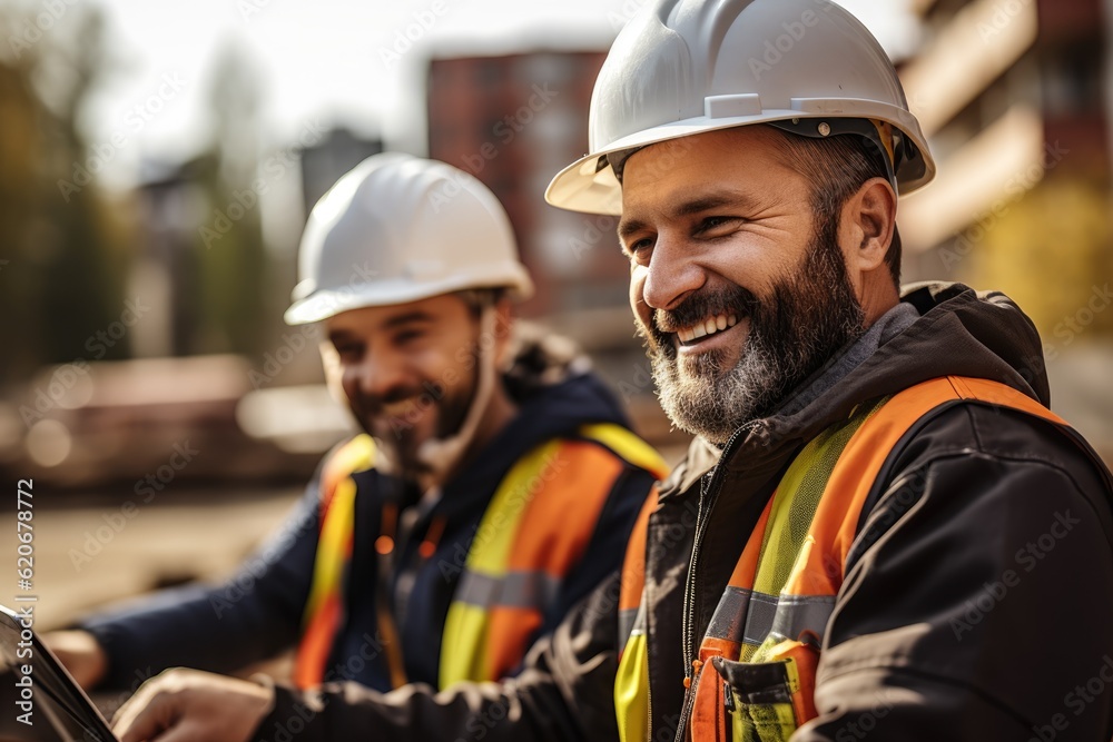 Smiling construction workers checking their smartphones and tablets at a construction site Smiling construction workers checking their smartphones and tablets at a construction site