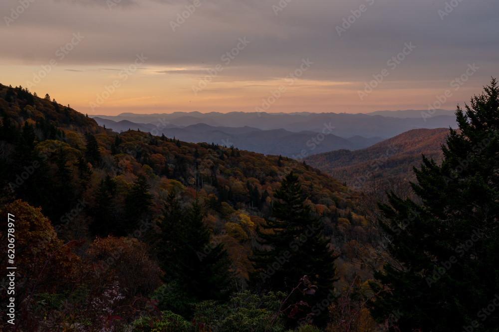 Pink Light Tints the Clouds over the Blue Ridge Mountains
