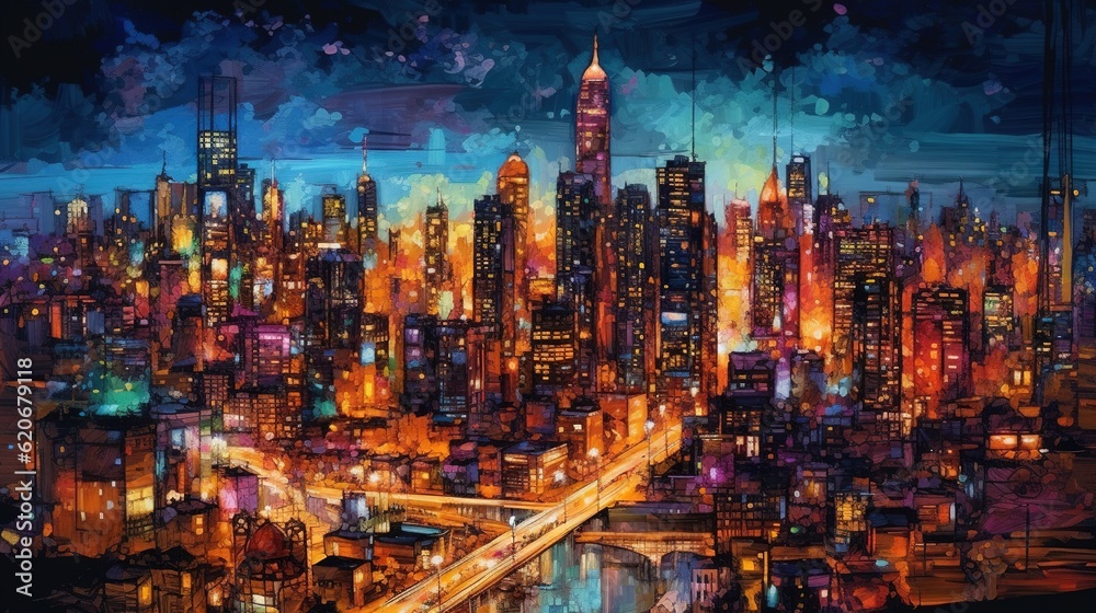  a painting of a city at night with a bridge in the foreground and a river running through the middle of the city, with a bridge in the foreground.  generative ai