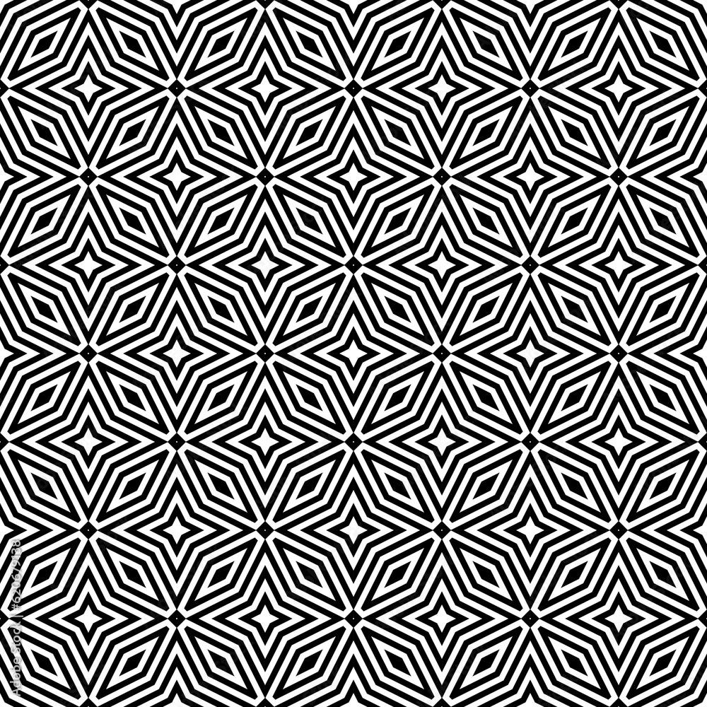 Seamless surface pattern design with elongated hexagons, rhombuses and stars. Black figures illustration. Mosaic tiles motif. Repeated polygons background. Ethnic embroidery wallpaper. Digital paper. Seamless surface pattern design with elongated hexagons, rhombuses and stars. Black figures illustration. Mosaic tiles motif. Repeated polygons background. Ethnic embroidery wallpaper. Digital paper.