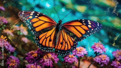  a monarch butterfly sitting on top of a purple and yellow flower filled field of purple and yellow flowers in the foreground, with a blue sky in the background.  generative ai © Shanti