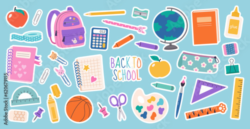 Set of school supplies and education stickers. Back to school. Backpack, books, globe, pencil box, paints, ruler, pen, pencil. Suitable for prints, cards, paper crafts, scrapbooking.