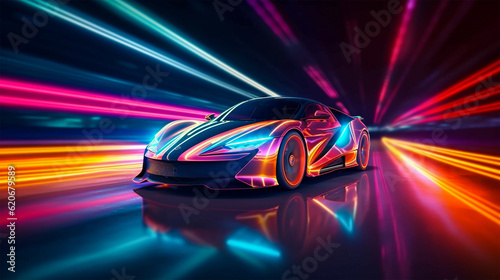 Futuristic Sports Car on Neon Highway. Powerful acceleration of a super car with colorful lights trails. Generative Ai.