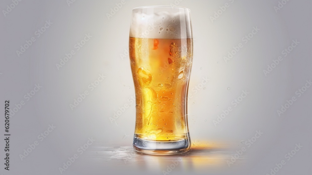 a tall glass of beer with ice on a gray background with a reflection of light coming from the bottom of the glass and the bottom of the glass. generative ai a tall glass of beer with ice on a gray background with a reflection of light coming from the bottom of the glass and the bottom of the glass. generative ai