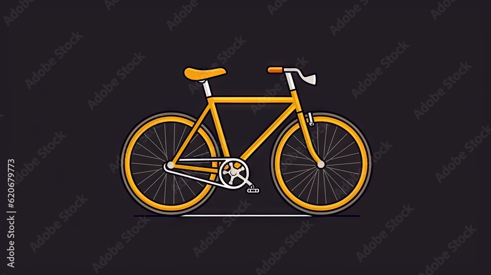  a yellow bicycle with a black background and a white outline on the front wheel and seatposts is shown in the center of the image.  generative ai