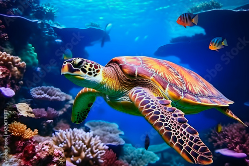 Sea turtle under the sea with corals. Ai Generative.