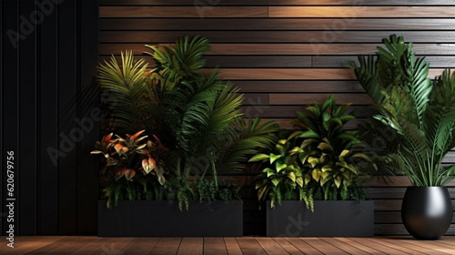 Fototapeta Naklejka Na Ścianę i Meble -  Luxury and cozy interior wood wall panel and floor, plants, leaves, green 3d render illustration. Ai Generative.