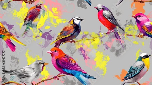  a group of birds sitting on top of a tree branch in a colorful pattern on a gray background with yellow, pink, and blue colors.  generative ai