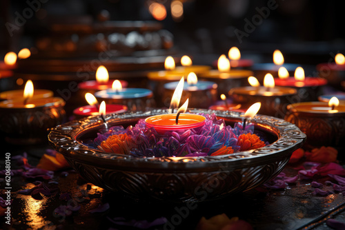 Dive into the vibrant celebration of Diwali, with Diya oil lamps casting a warm glow on a colorful rangoli. Generative Ai. © Sebastian