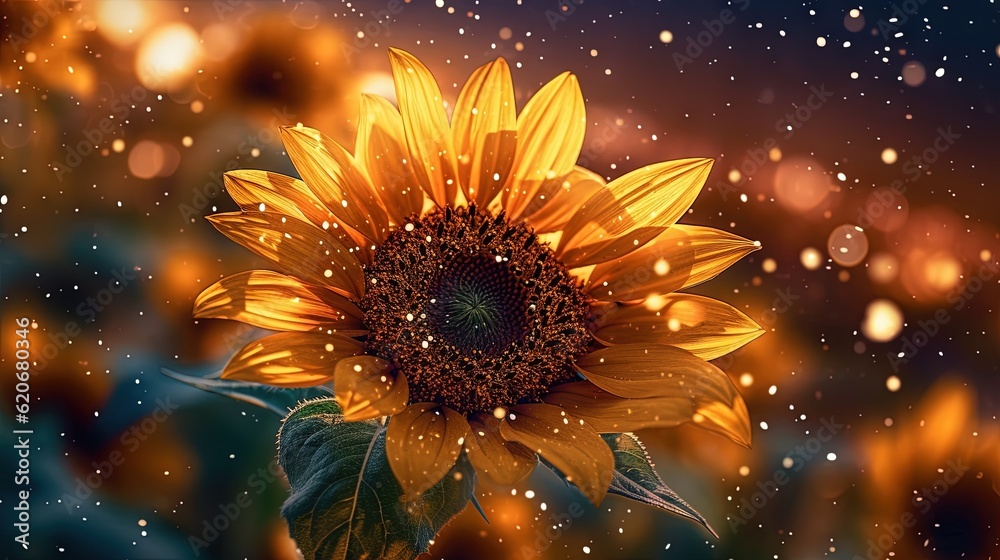 a large sunflower with a blurry background and rain drops on the petals of it's petals and leaves in the foreground. generative ai a large sunflower with a blurry background and rain drops on the petals of it's petals and leaves in the foreground. generative ai