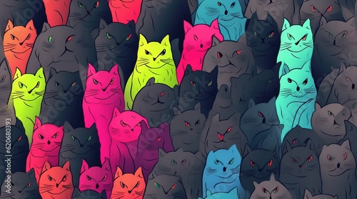  a large group of cats with different colors on their faces and faces  all looking up at the camera  all with their heads down.  generative ai