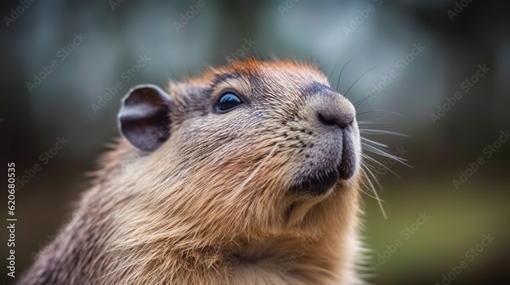 a close up of a capybara looking up into the sky with a blurry forest in the back ground behind it and trees in the background. generative ai a close up of a capybara looking up into the sky with a blurry forest in the back ground behind it and trees in the background. generative ai
