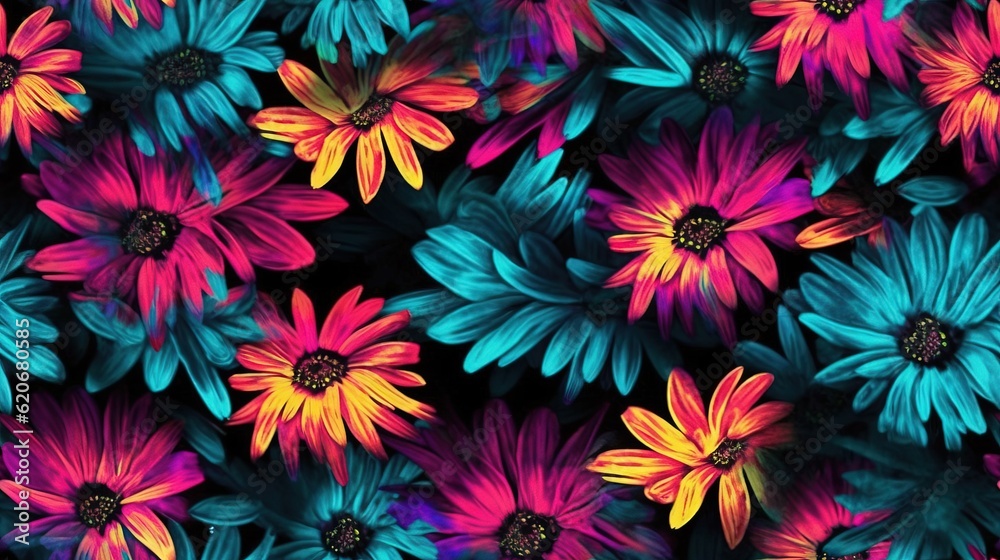  a bunch of colorful flowers that are on a black background with blue and pink flowers in the middle of the picture and the bottom of the flowers in the middle of the picture.  generative ai