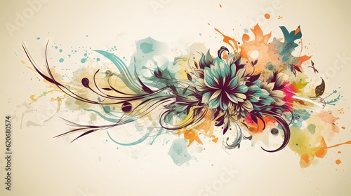  an artistic floral design with watercolor splashs on a beige background with a place for text or a picture of a flower on the left side of the image. generative ai