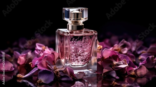  a bottle of perfume sitting on top of a table next to purple flowers and a black background with a reflection of the bottle on the floor.  generative ai