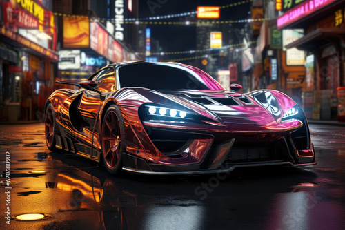 Cruise through a futuristic city in a sports car, immersing yourself in the neon lights that create a captivating and vibrant atmosphere. Generative Ai. © Sebastian