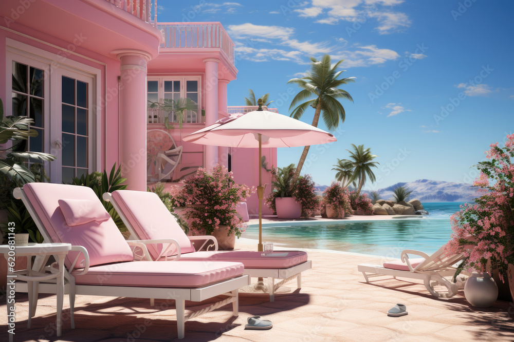 A swimming pool adorned with a beach umbrella and chairs presents a vision of relaxation and a perfect setting for a pink-themed summer. Generative Ai.