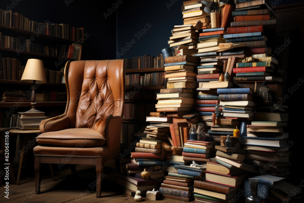 Stacked books resting on a desk chair symbolize the concept of