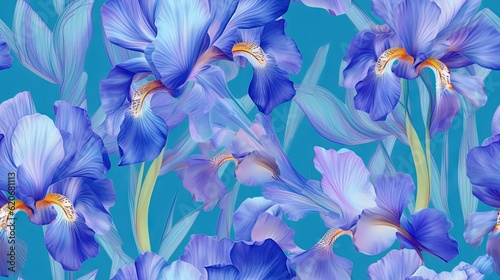  a painting of blue flowers on a blue background with a yellow center and a yellow center in the middle of the image and a blue background with a yellow center. generative ai