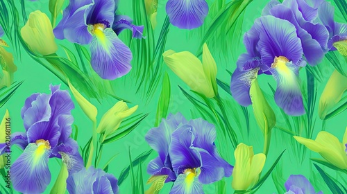  a blue and yellow flower with green leaves on a green background with a blue sky in the background and a yellow and yellow flower in the middle. generative ai