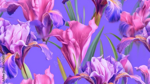  a bunch of flowers that are on a purple background with pink and purple flowers in the middle of the picture and green stems in the middle of the picture. generative ai