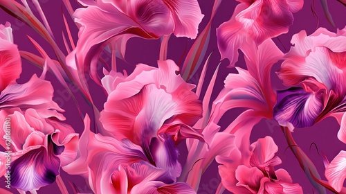  a bunch of pink flowers are on a purple background with pink leaves and stems in the center of the picture  and a purple background is very vivid.  generative ai