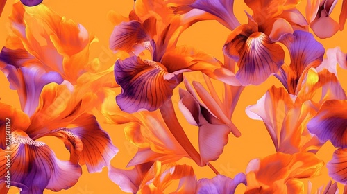  a bunch of flowers that are on a yellow background with purple and orange flowers in the middle of the picture and the bottom of the picture.  generative ai