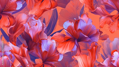  a bunch of red and purple flowers on a pink background with blue and red petals on the petals of the flowers and leaves of the flowers.  generative ai © Shanti