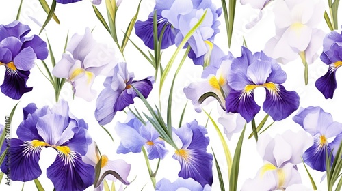  a group of purple and white flowers on a white background with green stems and yellow centers on the petals of the irises and the petals. generative ai