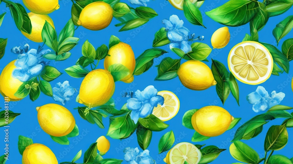  a painting of lemons and blue flowers on a blue background with green leaves and blue flowers on a blue background with green leaves and blue flowers.  generative ai