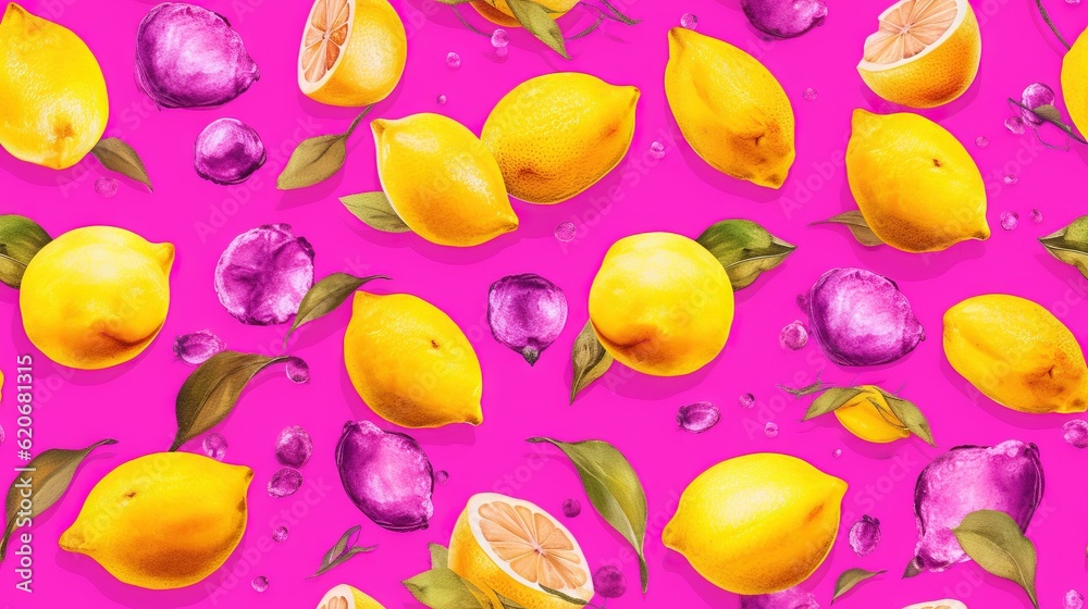  a bunch of lemons and lemons with leaves on a pink background with water droplets on the bottom of the image and on the bottom of the image are lemons and lemons with leaves.  generative ai